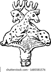 Pinhead formed of two stags lying down, vintage line drawing or engraving illustration.