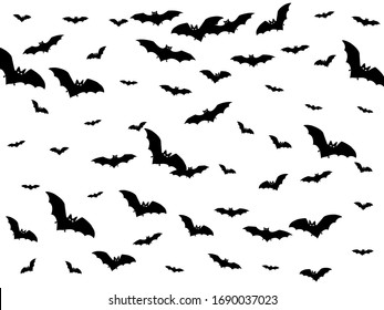 Pinioned black bats swarm isolated on white vector Halloween background. Flittermouse night creatures illustration. Silhouettes of flying bats vampire Halloween symbols on white.