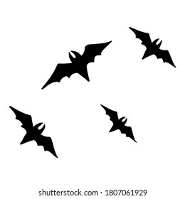 Pinioned black bats swarm isolated on white vector Halloween background. Flittermouse night creatures illustration. Silhouettes of flying Halloween vampire bats symbols vector illustration on white