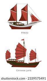 Pinisi ship and Chinese junk ship illustration