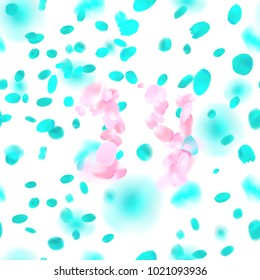 Pink '14' with falling blue and green flower petals blossom. Romantic vector illustration.