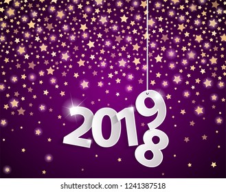 Pink 2019 greeting card concept with paper cuted white numbers on golden star fall background. Happy New Year and Merry Christmas. Vector illustration