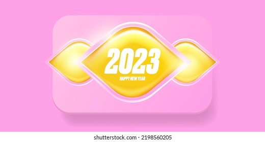 Pink 2023 Happy new year horizontal banner background and 2023 greeting card with text. vector 2023 new year sticker, label, icon, logo and badge isolated on winter stylish pastel pink background