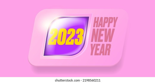 Pink 2023 Happy new year horizontal banner background and 2023 greeting card with text. vector 2023 new year sticker, label, icon, logo and badge isolated on winter stylish pastel pink background