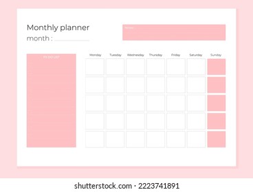 Pink 2023 monthly planner calendar template. Minimalistic flat planner.