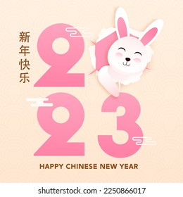 Pink 2023 Number With Cute Rabbit Popping Out Of Torn Paper On Pastel Peach Semi Circle Pattern Background For Happy Chinese New Year Concept.