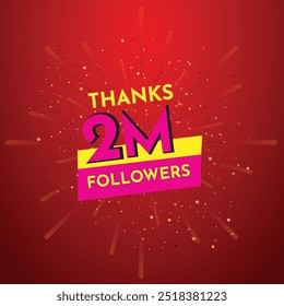 Pink 2M isolated on red background, Thank you followers peoples, 2M online social group, 2 Million followers celebration,Explosion burst background Congratulation card.
