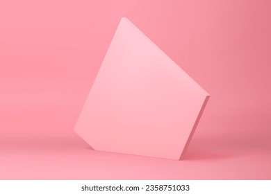 Pink 3d abstract pentagonal isometric wall mock up for cosmetic product show presentation vector illustration. Realistic geometric vertical stand modern elegant background for beauty fashion promo