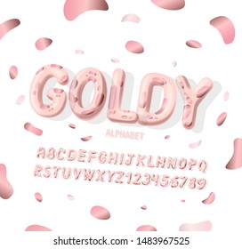 Pink 3D Alphabet with golden spots on 
a white background. Font for party and events celebration