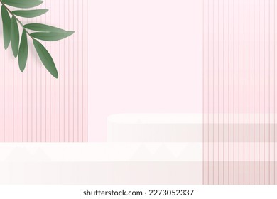 Pink 3d background with product podium and leaves.