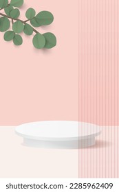Fondo 3d rosado con podio de producto y hojas.