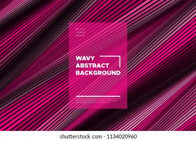 Pink 3d Background with Wave Stripes. Distortion of Space. Trendy Abstract Poster with Vector Lines. Movement Effect. Wavy Colorful 3d Surface. Flow 3d Background with Optical Illusion for Design.