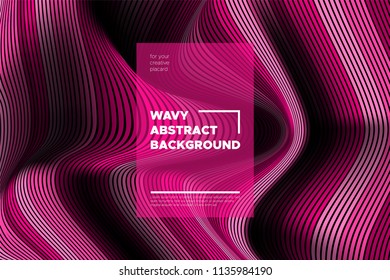 Pink 3d Background with Wave Stripes. Distortion of Space. Trendy Abstract Poster with Vector Lines. Movement Effect. Wavy Colorful 3d Surface. Flow 3d Background with Optical Illusion for Design.