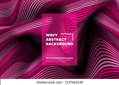 Pink 3d Background with Wave Stripes. Distortion of Space. Trendy Abstract Poster with Vector Lines. Movement Effect. Wavy Colorful 3d Surface. Flow 3d Background with Optical Illusion for Design.
