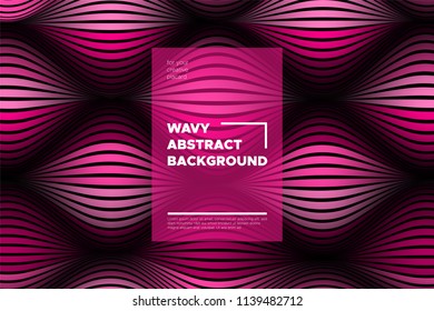 Pink 3d Background with Wave Stripes. Distortion of Space. Trendy Abstract Poster with Vector Lines. Movement Effect. Wavy Colorful 3d Surface. Flow 3d Background with Optical Illusion for Design.