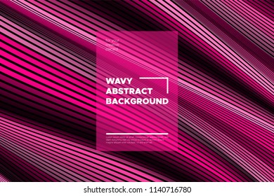Pink 3d Background with Wave Stripes. Distortion of Space. Trendy Abstract Poster with Vector Lines. Movement Effect. Wavy Colorful 3d Surface. Flow 3d Background with Optical Illusion for Design.
