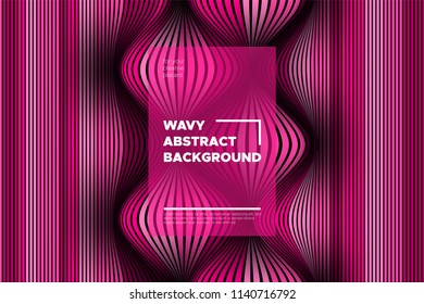 Pink 3d Background with Wave Stripes. Distortion of Space. Trendy Abstract Poster with Vector Lines. Movement Effect. Wavy Colorful 3d Surface. Flow 3d Background with Optical Illusion for Design.