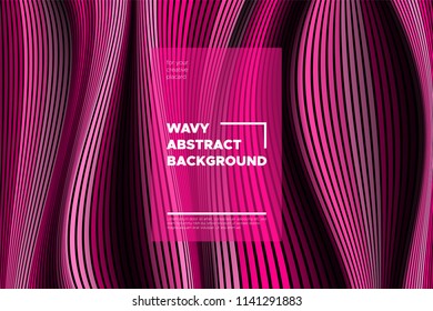 Pink 3d Background with Wave Stripes. Distortion of Space. Trendy Abstract Poster with Vector Lines. Movement Effect. Wavy Colorful 3d Surface. Flow 3d Background with Optical Illusion for Design.