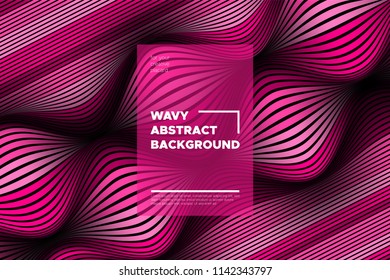 Pink 3d Background with Wave Stripes. Distortion of Space. Trendy Abstract Poster with Vector Lines. Movement Effect. Wavy Colorful 3d Surface. Flow 3d Background with Optical Illusion for Design.