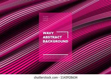 Pink 3d Background with Wave Stripes. Distortion of Space. Trendy Abstract Poster with Vector Lines. Movement Effect. Wavy Colorful 3d Surface. Flow 3d Background with Optical Illusion for Design.