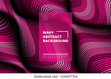 Pink 3d Background with Wave Stripes. Distortion of Space. Trendy Abstract Poster with Vector Lines. Movement Effect. Wavy Colorful 3d Surface. Flow 3d Background with Optical Illusion for Design.