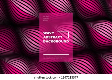 Pink 3d Background with Wave Stripes. Distortion of Space. Trendy Abstract Poster with Vector Lines. Movement Effect. Wavy Colorful 3d Surface. Flow 3d Background with Optical Illusion for Design.