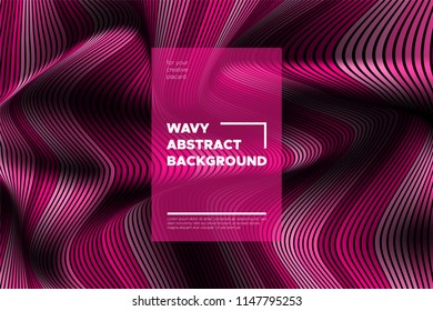 Pink 3d Background with Wave Stripes. Distortion of Space. Trendy Abstract Poster with Vector Lines. Movement Effect. Wavy Colorful 3d Surface. Flow 3d Background with Optical Illusion for Design.