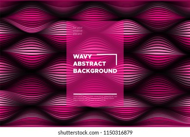 Pink 3d Background with Wave Stripes. Distortion of Space. Trendy Abstract Poster with Vector Lines. Movement Effect. Wavy Colorful 3d Surface. Flow 3d Background with Optical Illusion for Design.