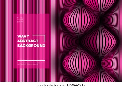 Pink 3d Background with Wave Stripes. Distortion of Space. Trendy Abstract Poster with Vector Lines. Movement Effect. Wavy Colorful 3d Surface. Flow 3d Background with Optical Illusion for Design.