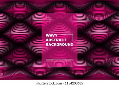 Pink 3d Background with Wave Stripes. Distortion of Space. Trendy Abstract Poster with Vector Lines. Movement Effect. Wavy Colorful 3d Surface. Flow 3d Background with Optical Illusion for Design.