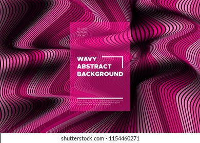 Pink 3d Background with Wave Stripes. Distortion of Space. Trendy Abstract Poster with Vector Lines. Movement Effect. Wavy Colorful 3d Surface. Flow 3d Background with Optical Illusion for Design.