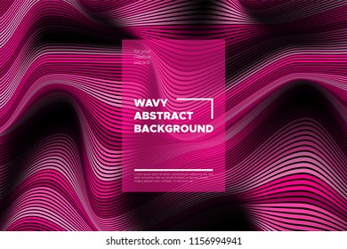Pink 3d Background with Wave Stripes. Distortion of Space. Trendy Abstract Poster with Vector Lines. Movement Effect. Wavy Colorful 3d Surface. Flow 3d Background with Optical Illusion for Design.