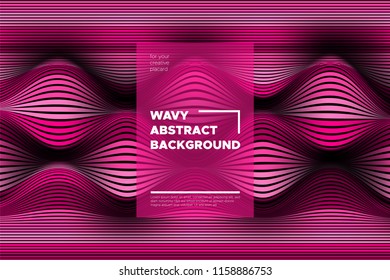 Pink 3d Background with Wave Stripes. Distortion of Space. Trendy Abstract Poster with Vector Lines. Movement Effect. Wavy Colorful 3d Surface. Flow 3d Background with Optical Illusion for Design.