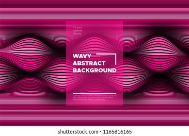 Pink 3d Background with Wave Stripes. Distortion of Space. Trendy Abstract Poster with Vector Lines. Movement Effect. Wavy Colorful 3d Surface. Flow 3d Background with Optical Illusion for Design.