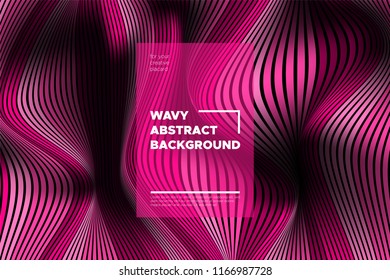 Pink 3d Background with Wave Stripes. Distortion of Space. Trendy Abstract Poster with Vector Lines. Movement Effect. Wavy Colorful 3d Surface. Flow 3d Background with Optical Illusion for Design.