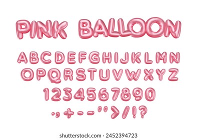 Pink 3d balloon font. Inflated English alphabet. Shiny isolated letters, numbers and symbols with metallic effect. Bubble helium typeset, Vector cartoon illustration, realistic render.