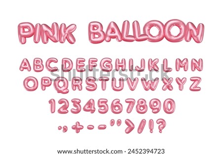 Pink 3d balloon font. Inflated English alphabet. Shiny isolated letters, numbers and symbols with metallic effect. Bubble helium typeset, Vector cartoon illustration, realistic render.