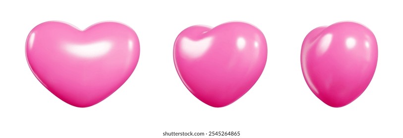 Pink 3D balloon hearts float in space. Love symbols display glossy surface with light reflections. Vector elements showcase smooth rounded shape. Perfect decorative icons enhance romantic designs.