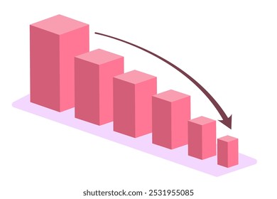 Rosa 3D-Balkendiagramm mit nach unten zeigendem Pfeil, der eine Abnahme oder Abnahme des flachen Vektordesigns anzeigt