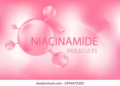 Pink 3d beauty background with molecule of niacinamide or collagen ball, vector bio abstract scientific icon. Great for cosmetology advertisement. Beauty science skin care molecular concept