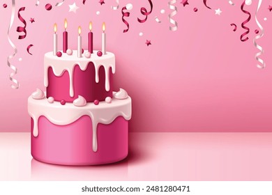 Pink 3d birthday or anniversary party cake vector background. Girl celebration card template with realistic confetti and candle render. Valentine or wedding event dessert showcase for advertising