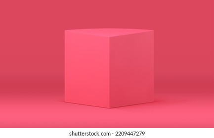 Pink 3d box rectangle podium geometric form for product promo presentation realistic vector illustration. Pedestal stage platform foundation merchandise exhibition studio background design