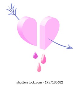 Pink 3D broken heart with the drops of blood isolated on white background. Heartbreak symbol in pastel colors for social media, dating app, valentines day card and other use. Vector illustration.
