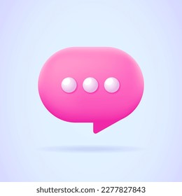 Pink 3d chat message icon with dots. Chat, dialogue, online support, messenger, discussion concept. Modern and trendy three dimensional for web site, landing page design, banner. 