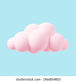 Pink 3d cloud isolated on a blue background. Render magic sunset cloud icon in the blue sky. 3d geometric shape vector illustration