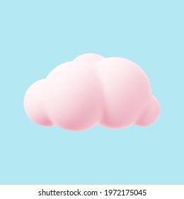 Pink 3d cloud isolated on a blue background. Render magic sunset cloud icon in the blue sky. 3d geometric shape vector illustration
