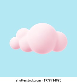 Pink 3d cloud isolated on a blue background. Render magic sunset cloud icon in the blue sky. 3d geometric shape vector illustration