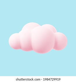 Pink 3d cloud isolated on a blue background. Render magic sunset cloud icon in the blue sky. 3d geometric shape vector illustration