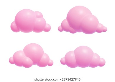 Pink 3D Clouds isolated on white background set cartoon plastic romantic design elements collection Three dimensional realistic vector illustration.