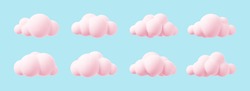 Pink 3d Clouds Set Isolated On A Blue Background. Render Magic Sunset Clouds Icon In The Blue Sky. 3d Geometric Shapes Vector Illustration